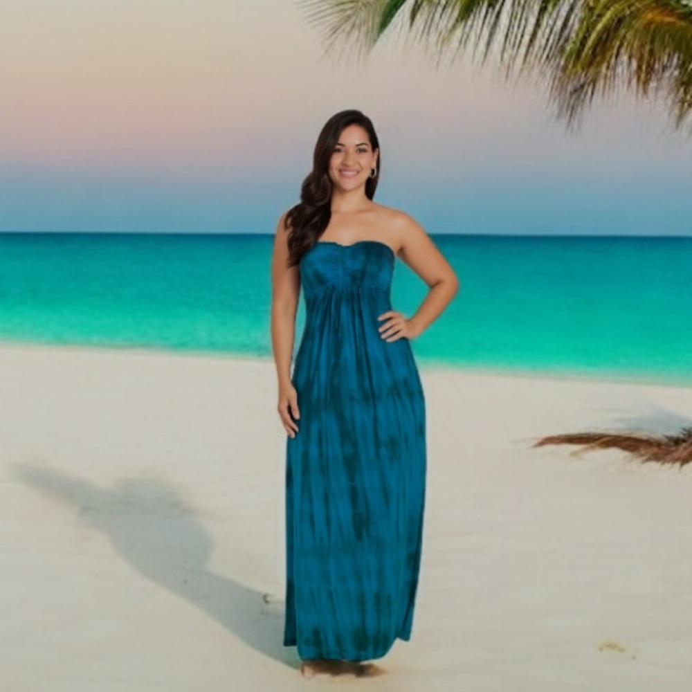 Honolulu Wahine Peacock Blue and Green Strapless Bandeau Top Tie Dye Dress Sz S